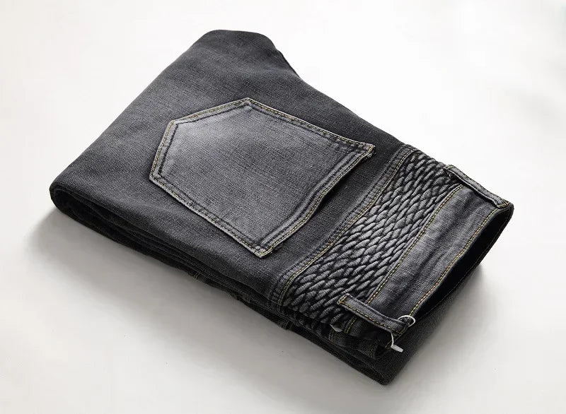 Men's New Casual Motorcycle Jeans Hip Hop Street Riding Stretch Slim Fit Straight Pants Patchwork Fashion Denim Trousers Male