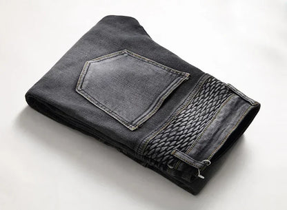 Men's New Casual Motorcycle Jeans Hip Hop Street Riding Stretch Slim Fit Straight Pants Patchwork Fashion Denim Trousers Male