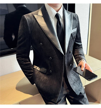 British Style Luxury Men Double Breasted Suit Jacket High Quality Fashion PU Leather Neck Spliced Coats Groom Social Party Dress