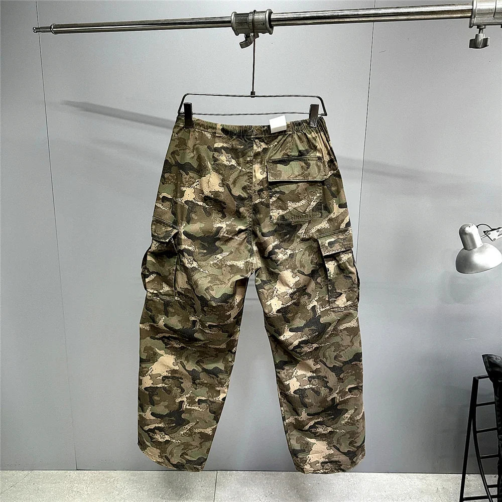 Heavy weight Tactical Cargo Pants For Men Vintage Camo Multi-Pocket Loose Fit Straight Leg Outdoor Streetwear Casual Trousers