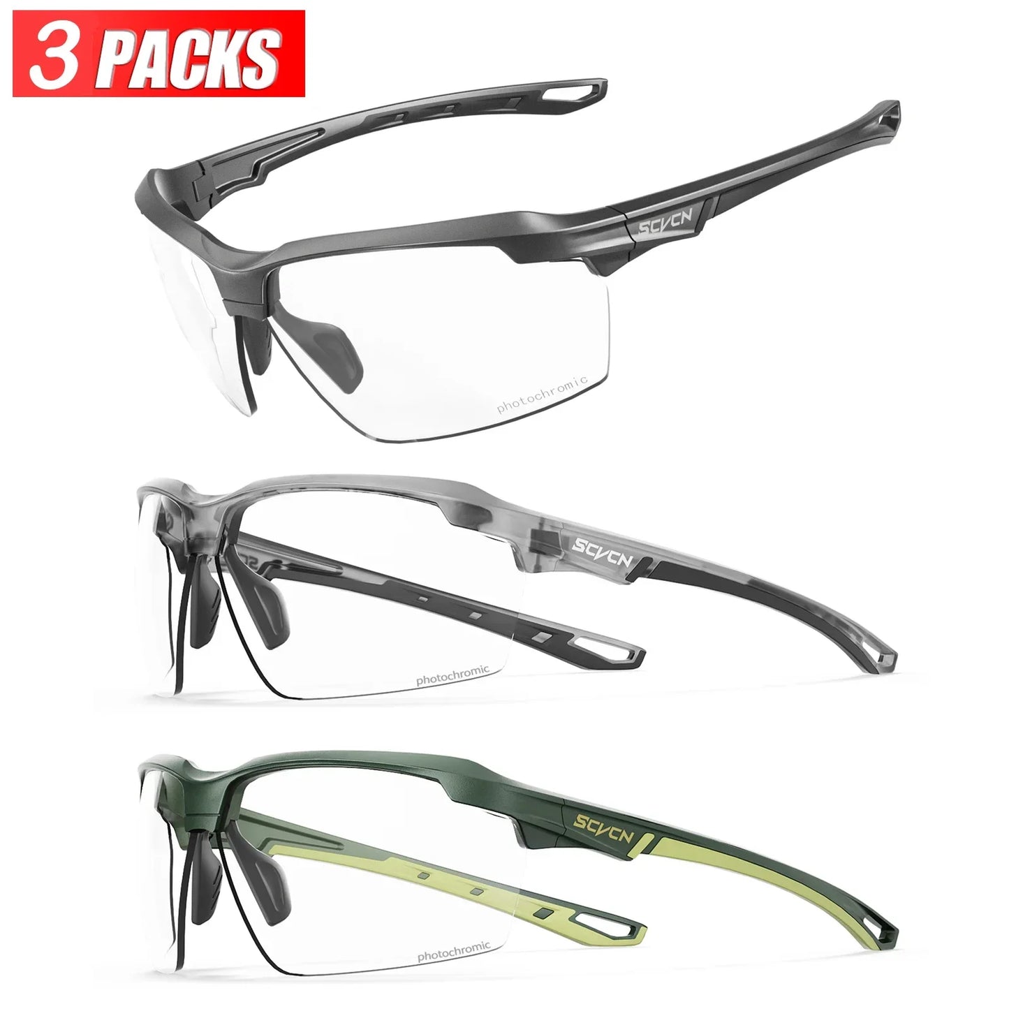 3PACKS Photochromic Cycling Sunglasses Glasses Bike MTB Bicycle Hiking Golf UV400 Sports Glasses for Men Women Baseball