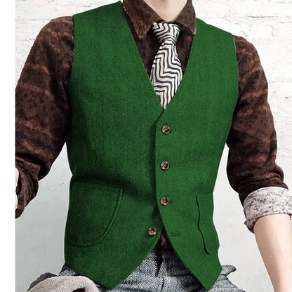 Men Vest Gray Herringbone Single Button V Neck Waistcoat For Wedding Banquet Business Office Work Daily Casual Men Suit Vest
