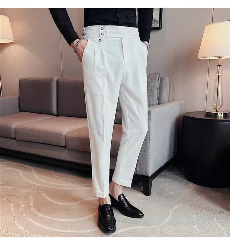 British Style Spring New Solid Business Casual Suit Pants High Waist Button Men Formal Pants High Quality Slim Office Trousers