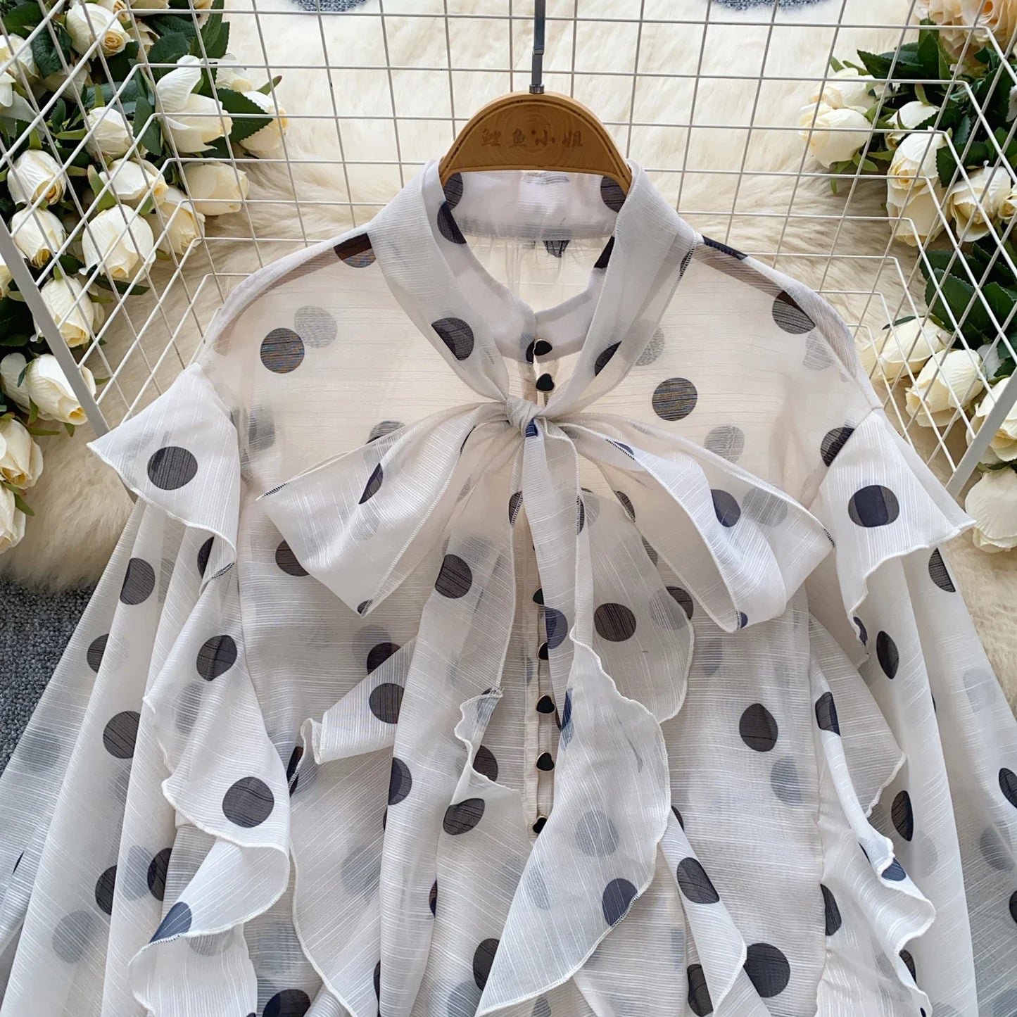 Spring Chiffon Polka Dot Blouse Women Bow Collar Long Lantren Sleeve Fashion Casual Streetwear Basics Loose Thin Tops