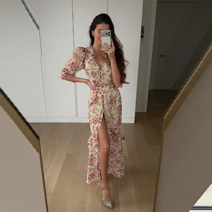 V-neck Organza Floral Chiffon Puff Sleeve Slit Long Dress Bodycon High Slit Bodycon Sexy Dresses Lady Chic Daily Sweet Date Robe