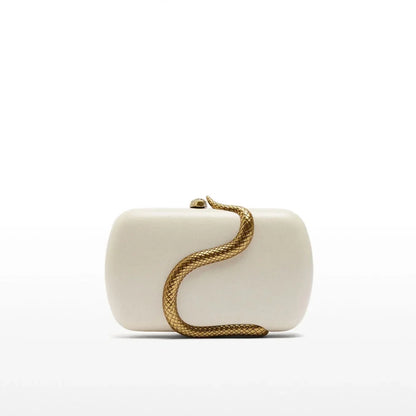 Elegant Box Clutch Bag with Gold Snake Closure, beige off white pu Leather, Evening Wedding Party Handbag, Spring 2026 new