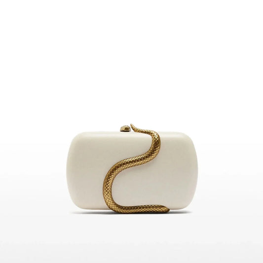 Elegant Box Clutch Bag with Gold Snake Closure, beige off white pu Leather, Evening Wedding Party Handbag, Spring 2026 new
