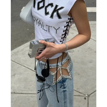 Y2K American Retro Star Cut-Out Embellished Women Blue High-Waisted Fashion Hip-Hop Streetwear Casual Loose Denim Jeans