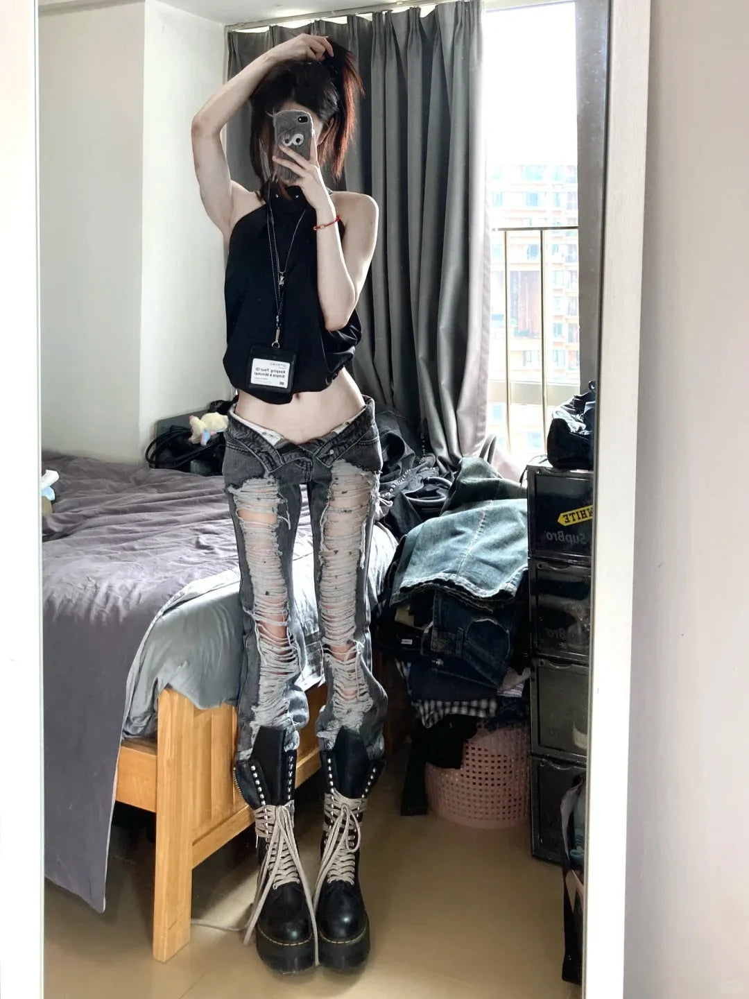 Women Goblin Core Harajuku Abi Y2K Flare Denim Pants Cyber Punk Long Trousers Slim Grunge Goth Baddie Trumpet Pants Y2k Japanese