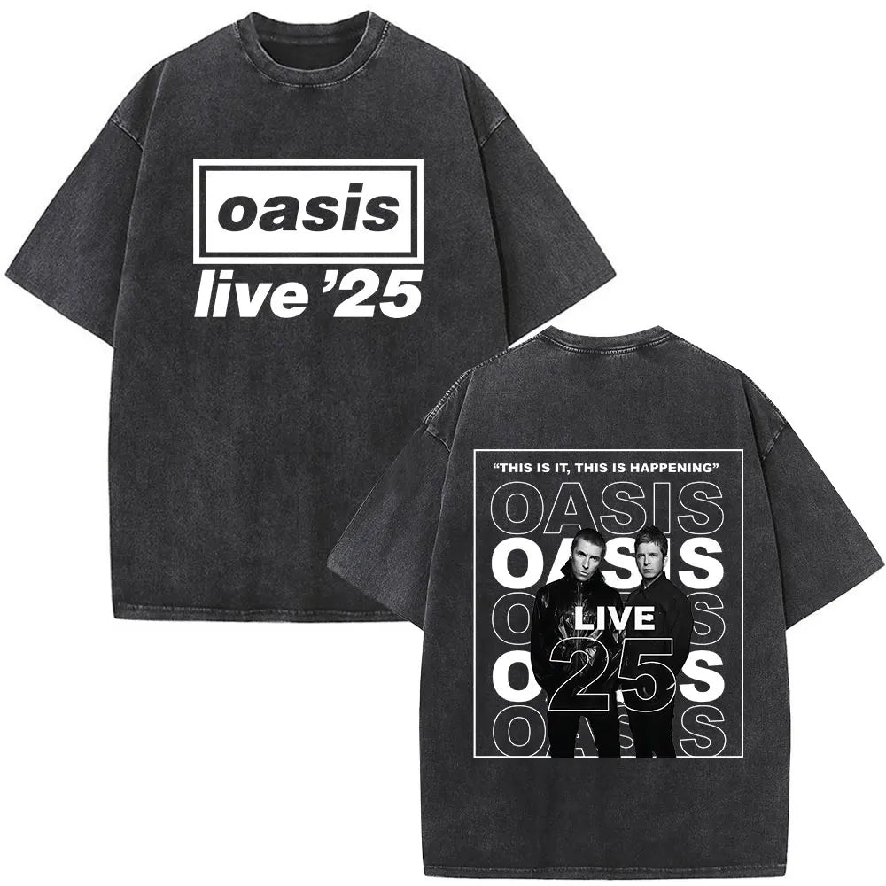 O-Oasis T-Shirts British Rock Band Vintage Washed T-shirt Men Women Clothing Cotton Casual Short Sleeve T Shirts Tops Streetwear