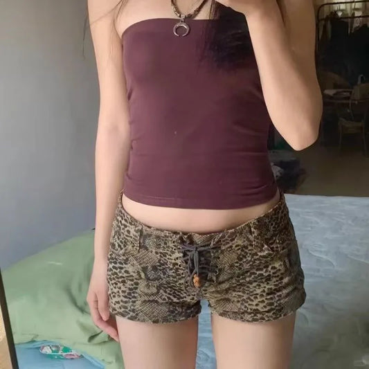 American Style Vintage Leopard Printed Denim Shorts Women Sexy Y2K Low Waist Bandage Shorts Summer 2026 Grunge Short Jeans