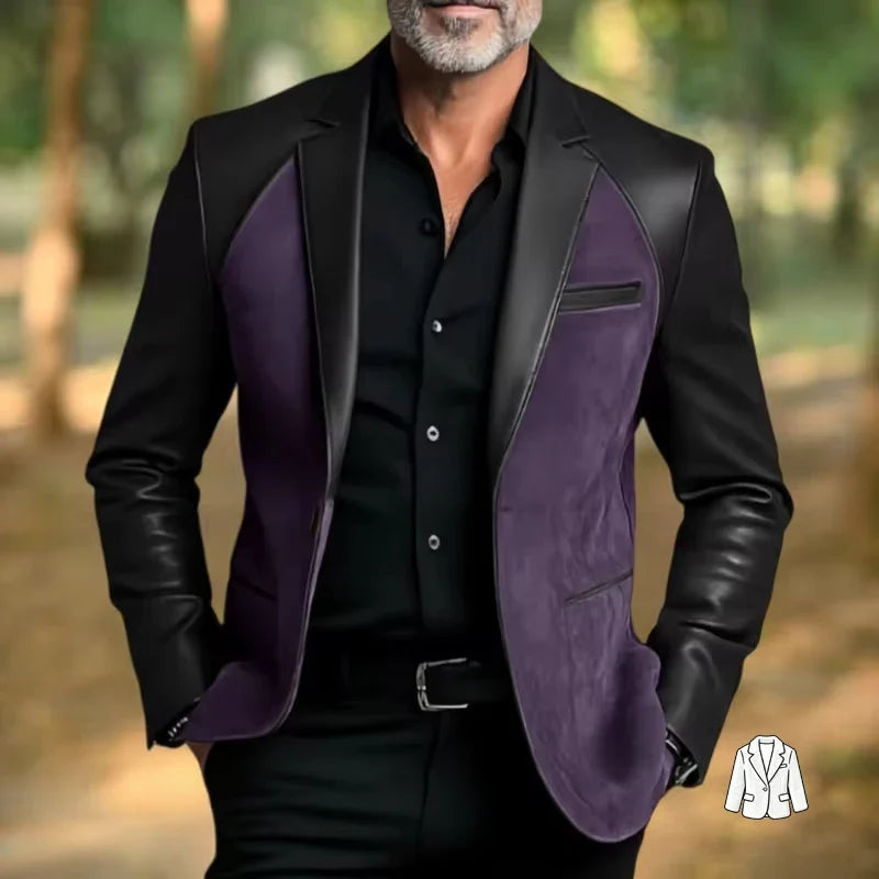 Retro Men's Faux Suede Jacket with PU Leather Collar & Shoulder 2 Buttons Two-Tone Blazer Contrast Trim Coat
