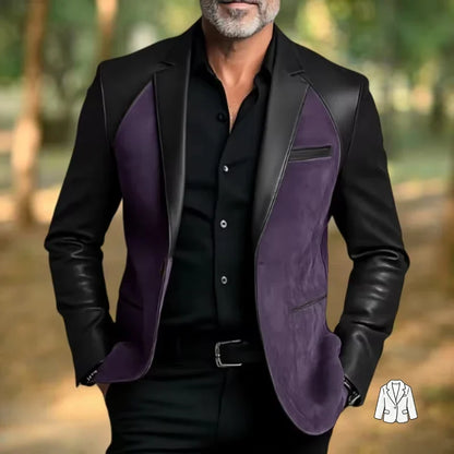 Retro Men's Faux Suede Jacket with PU Leather Collar & Shoulder 2 Buttons Two-Tone Blazer Contrast Trim Coat