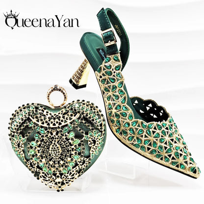 New Shoes and Bags Matching Set Nigerian Women Heel Party for Women Fuchsia Colour Italian Design Wedding INS Design