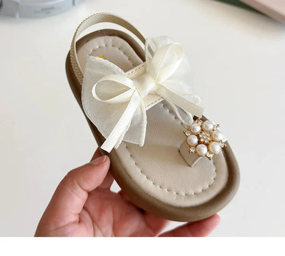 Summer Girl's Sandals Clip-toe Bowknot Elastic Band Soft Sole Kids Sliders Beautiful Pu Leather Chunky Morden Children Shoes