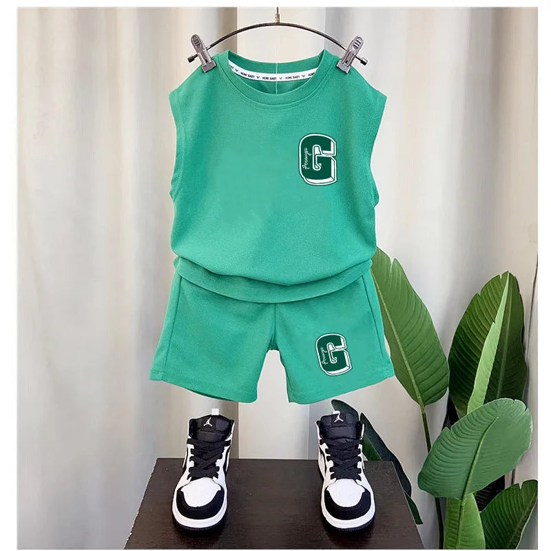 Summer Children Boys 2PCS Clothes Set Cotton Letter Bear Sleeveless Tops Tee Suit Thin Cool Sporty Shorts Kid Babys Boys Outfits