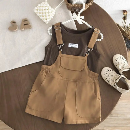 New Summer Baby Girls Clothes Suit Children Fashion Labeling Vest Top Large Pocket Overalls 2Pcs/Sets Kids Tracksuits Outfits