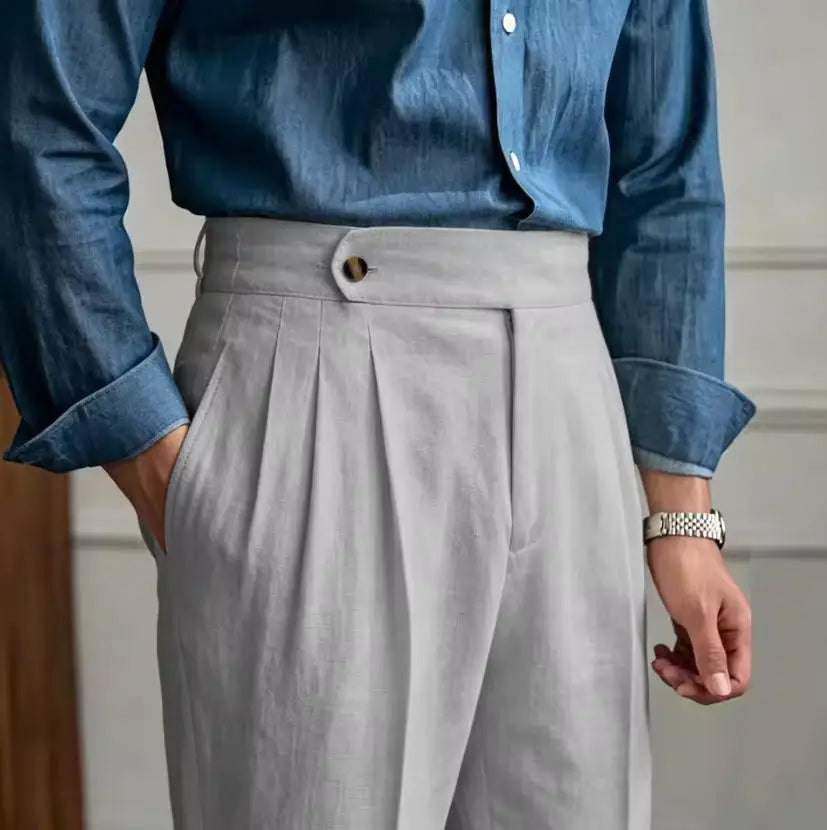 Classic Linen Men Suit Trousers Italian Naples Style Pleated Street Wear Summer Trendy High Waist Pants Male Business Office