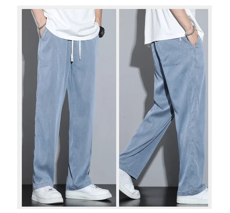 Summer Soft Lyocell Fabric Men's Jeans Thin Loose Straight Pants Drawstring Elastic Waist Korea Casual Trousers Plus Size M-5XL