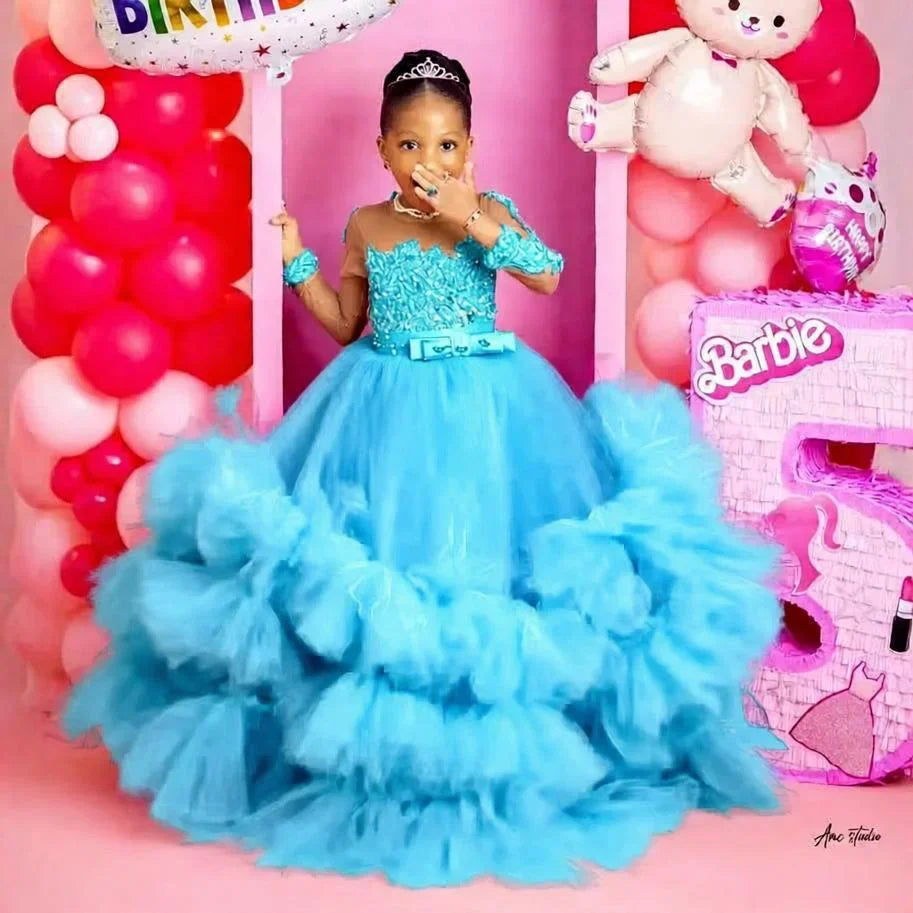 Fuchsia Princess Girls Birthday Party Dress Tiered Ruffles Long Sleeve Flower Girl Dresses for Wedding Kids Prom Gown Customized