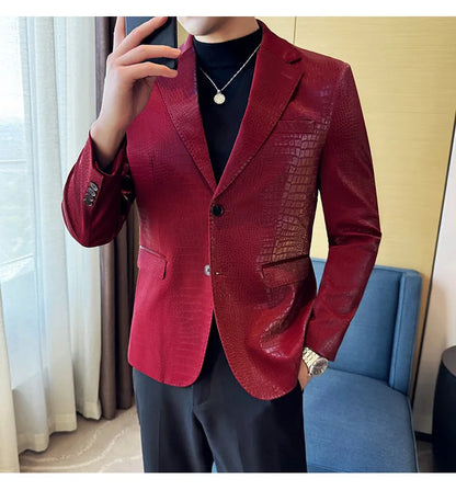 New High Quality Crocodile Stripe Slim Fit Leather Jacket Classic Business Casual Slim Fit Men Blazer Tuxedos Men Clothing 4XL-M