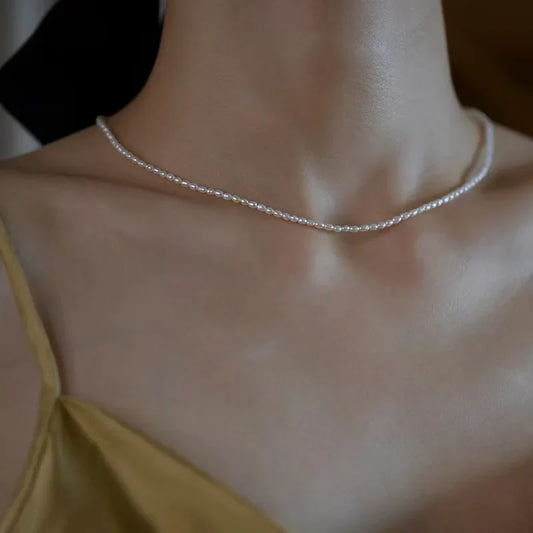 2.5-3.5mm Rice Shape Freshwater Pearl Necklaces 40cm Length 925 Sterling Silver Collar Necklaces for Women Jewelry Gift