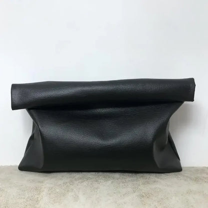 Simple Black Dull Handbag Rolled Edges Large Capacity Soft Texture Women's Casual Clutch Bag Vintage Artistic Style