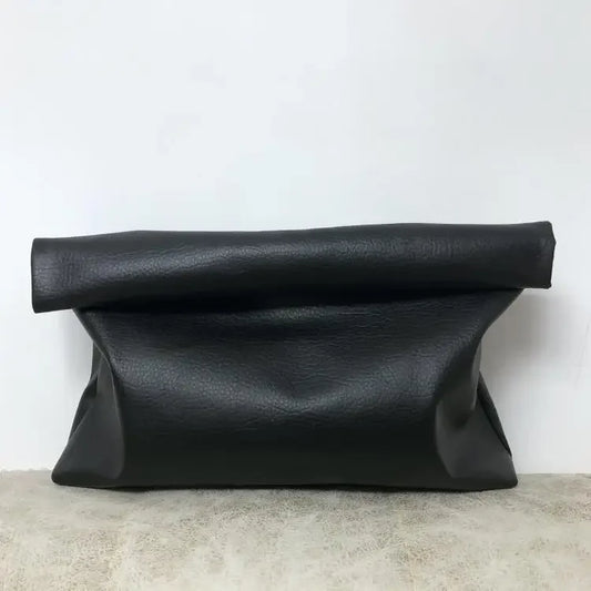 Simple Black Dull Handbag Rolled Edges Large Capacity Soft Texture Women's Casual Clutch Bag Vintage Artistic Style