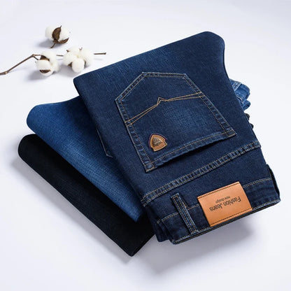 2024 autumn spring fitted straight stretch denim jeans classic style badge youth men's business casual jeans trousers