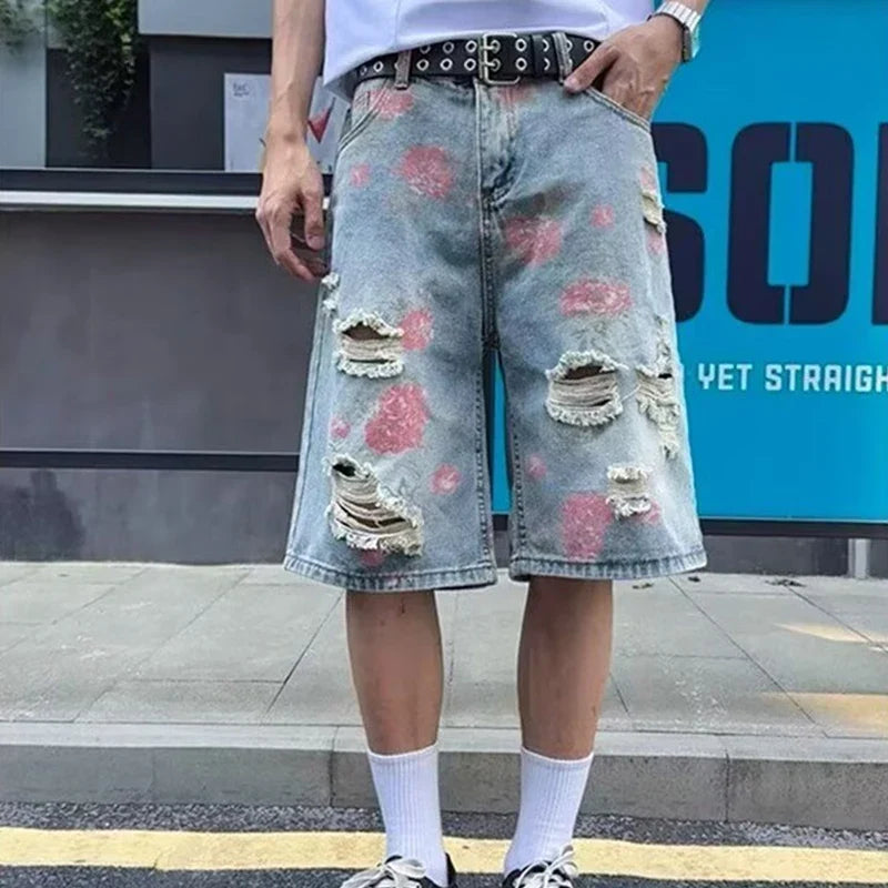 American Streetwear Washed Ripped Straight Jorts Men's Summer Floral Graphic Print Baggy Denim Shorts Hip Hop Fashion Short Jean