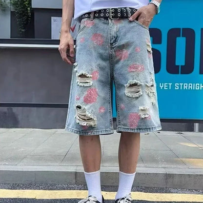 American Streetwear Washed Ripped Straight Jorts Men's Summer Floral Graphic Print Baggy Denim Shorts Hip Hop Fashion Short Jean