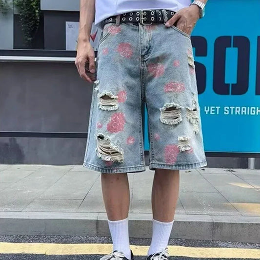 American Streetwear Washed Ripped Straight Jorts Men's Summer Floral Graphic Print Baggy Denim Shorts Hip Hop Fashion Short Jean