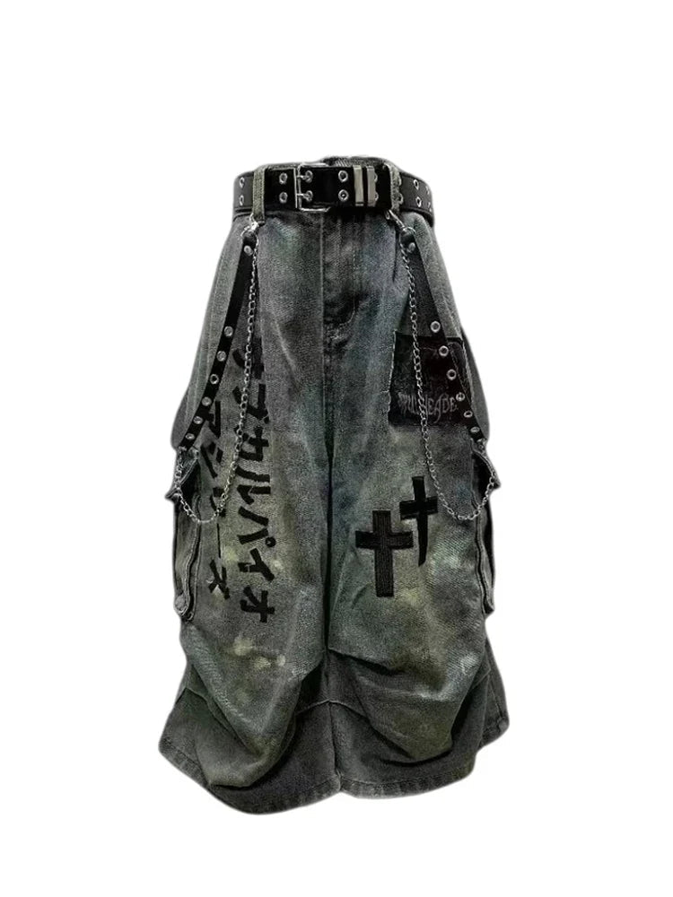 Summer Women Goblin Core Cross Denim Jorts Shorts Y2k Calf-Length Jean Pants Trashy Y2K Abi Japanese Cyber Punk Grunge Unisex
