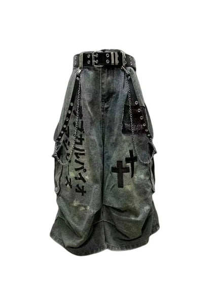 Summer Women Goblin Core Cross Denim Jorts Shorts Y2k Calf-Length Jean Pants Trashy Y2K Abi Japanese Cyber Punk Grunge Unisex