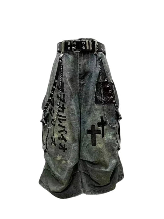 Summer Women Goblin Core Cross Denim Jorts Shorts Y2k Calf-Length Jean Pants Trashy Y2K Abi Japanese Cyber Punk Grunge Unisex