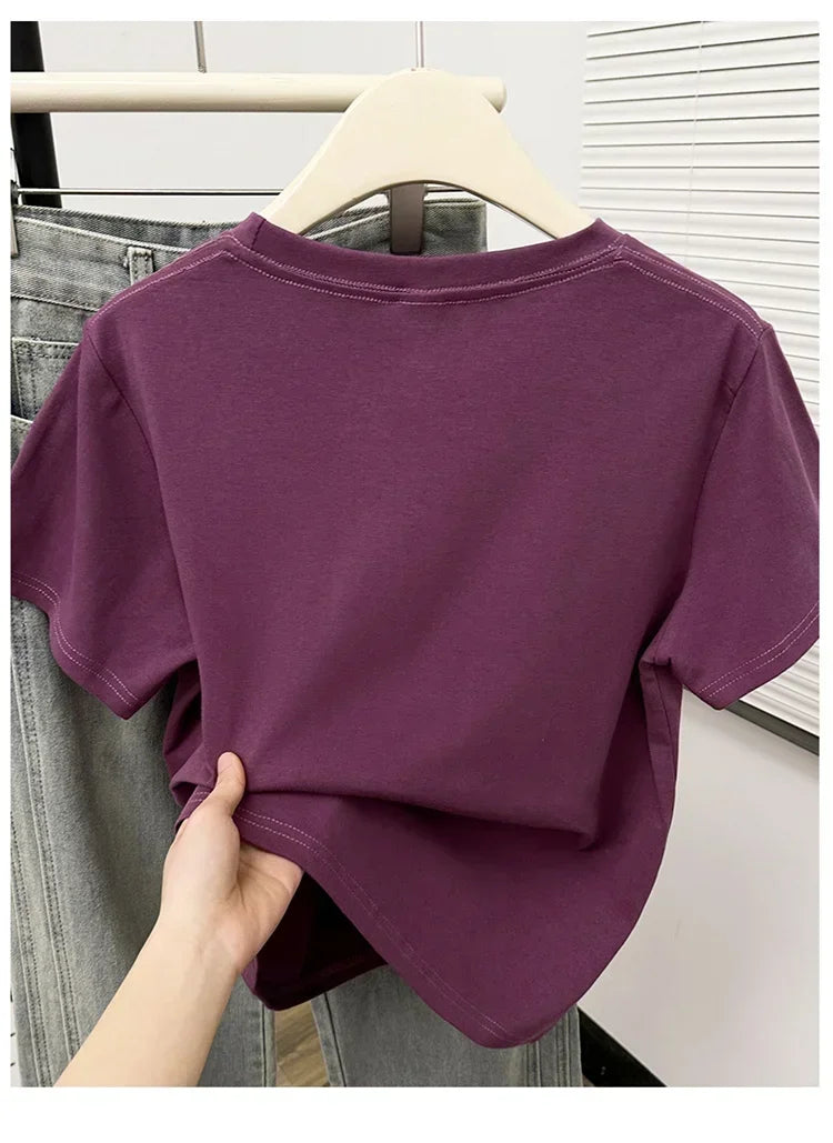2026 Summer New High Quality Casual Plus Size T Shirt Sexy Short Sleeved Sleeves Fashion Trend Solid Women Clothing Y2k Tops