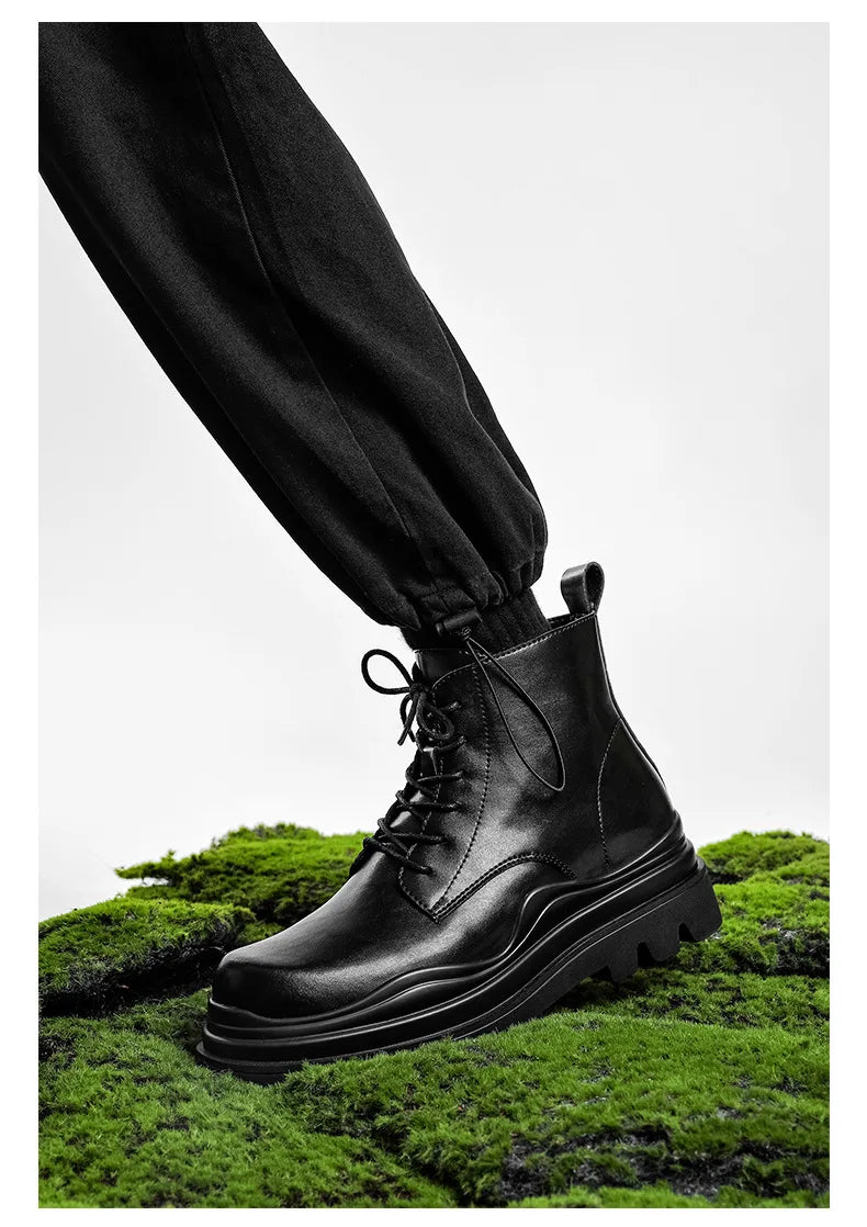 Fashion Mens Sheoes Platform Chelsea Boots Thick Bottom Split Leather Ankle Boots Male Footwear Round Toe Short Boots