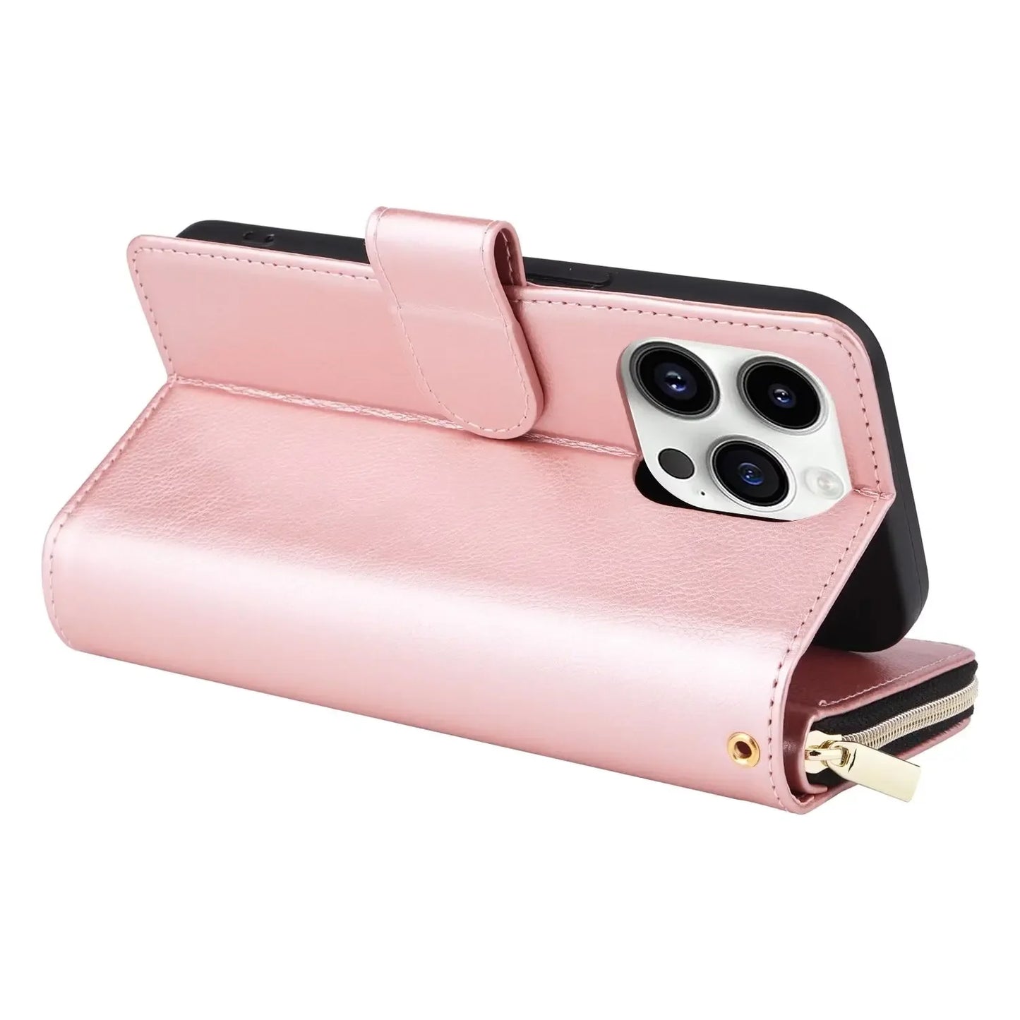Double Layer Zipper Wallet Case with 9 Card Slots for iPhone 16 16E Pro Max 15 14 Plus13 12 Pro Max PU Leather Flip Cover