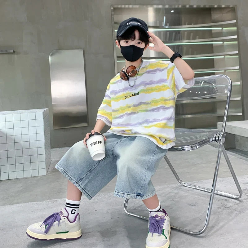 2025 New Arrival Summer Boy Clothing Set Yellow Stripe Tshirt + Denim Shorts Two Pieces Outfit Clothes Set for Kids Child 5-14T