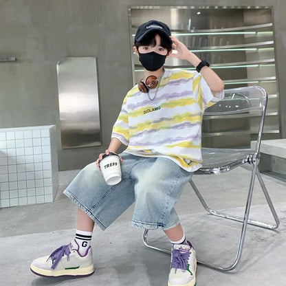 2025 New Arrival Summer Boy Clothing Set Yellow Stripe Tshirt + Denim Shorts Two Pieces Outfit Clothes Set for Kids Child 5-14T