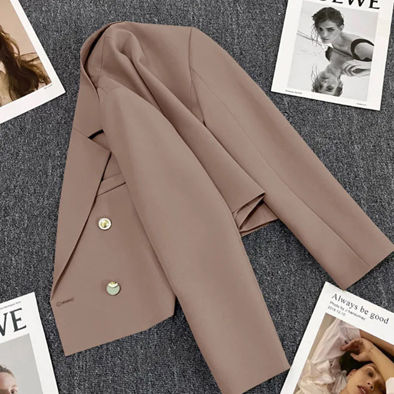 Lucyever Cropped Blazer Jacket Women Korean Fashion Double-Breasted Suit Coat 2024 Autumn New Casual Simple Office Lady Blazers