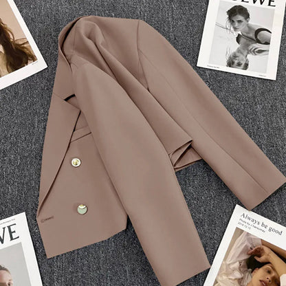 Lucyever Cropped Blazer Jacket Women Korean Fashion Double-Breasted Suit Coat 2024 Autumn New Casual Simple Office Lady Blazers