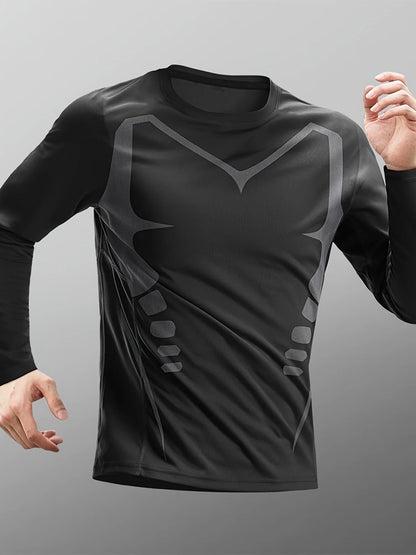 Men's High-Elasticity Quick-Dry Solid Color Breathable Mesh Long Sleeve T-Shirt for Spring/Autumn Fitness Training