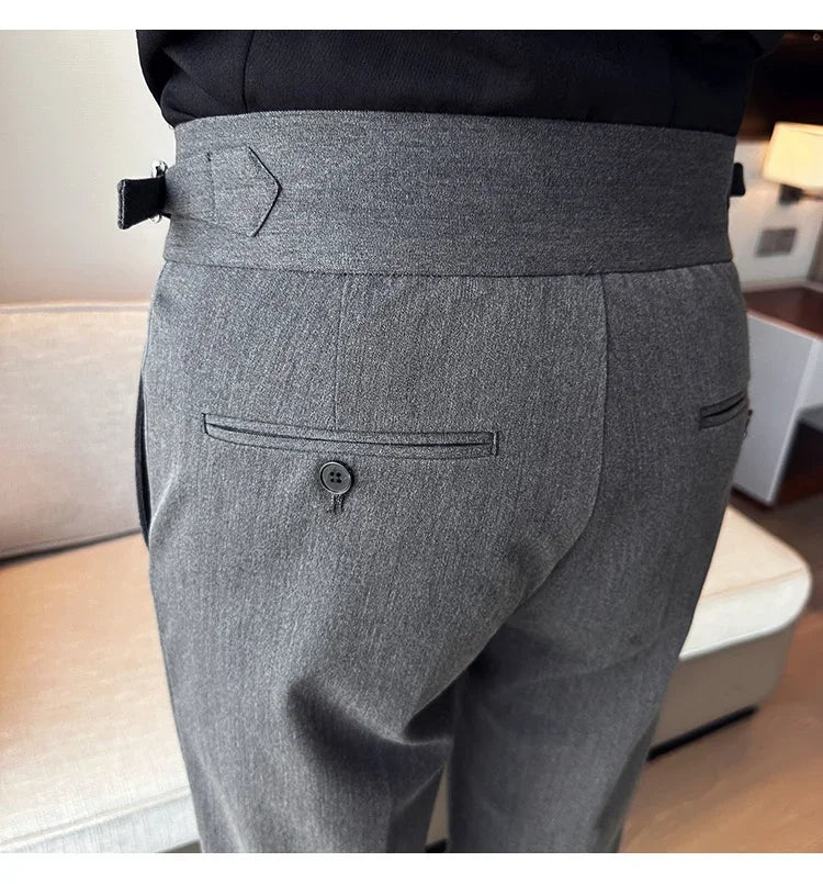 Autumn Winter High Waist Business Dress Pants Men Casual Belt Design Slim Suit Pants Formal Wedding Social Party Male Trousers