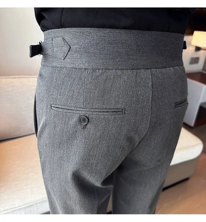 Autumn Winter High Waist Business Dress Pants Men Casual Belt Design Slim Suit Pants Formal Wedding Social Party Male Trousers