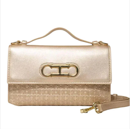 Premium Leather Handbag Monogram Embossing Metallic Clasp Portable Handle Structured Silhouette Ideal Office Evening Events
