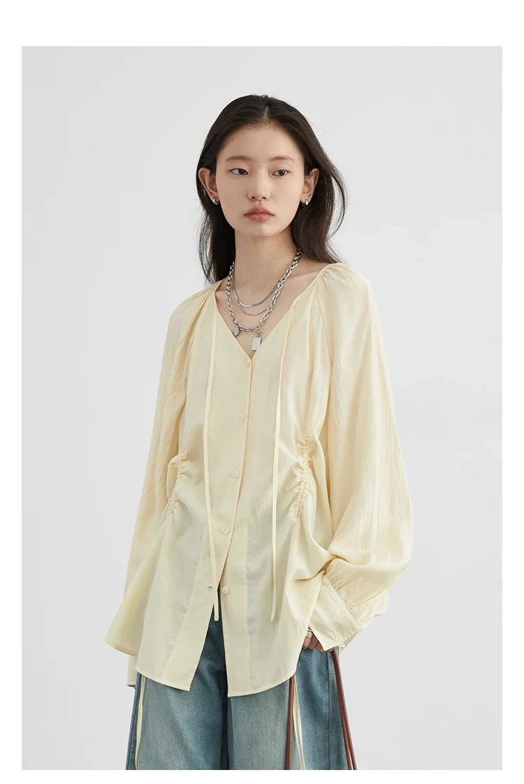Women Loose Lace Up Shirt Solid New Korean V-neck Pleated Raglan Long Sleeved Blouses Female Tops Spring Summer 2026