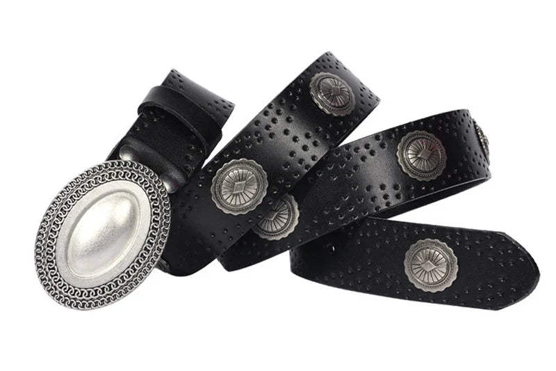 3.8CM Heavy Metal Rivet Men Real Genuine Leather Belt Men Smooth Buckle Stud Punk Jeans Belts For Jeans Strap Rock Cowboy
