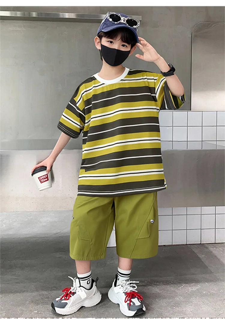 Elegant Children Summer Suit Outfit for Boy Striped Top and Bottom Set Kids Teenagers Cotton T-shirt Shorts 2 Pieces Clothes Set