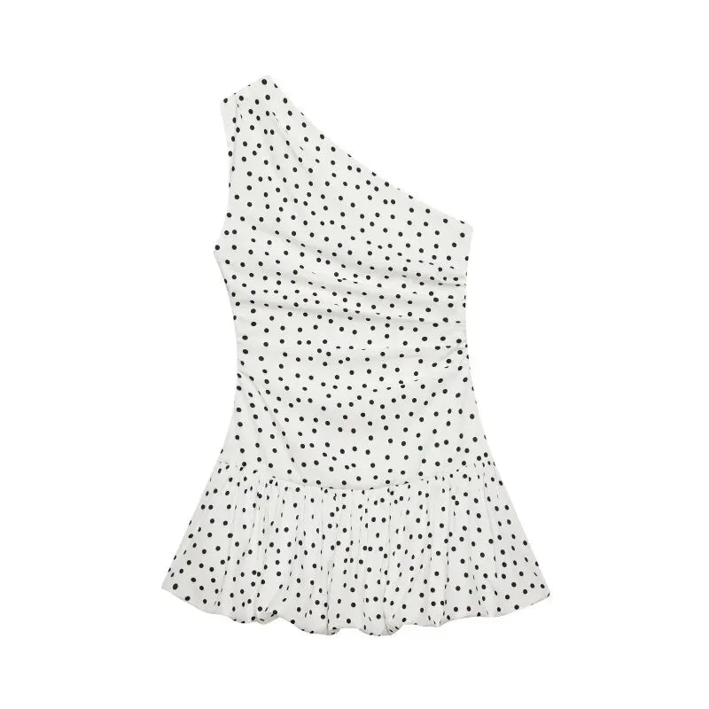 Women One Shoulder Sleeveless Polka Dot Mini Dress Ruched Waist Ruffle Hem Elegant Casual Party Short Dress Spring Summer